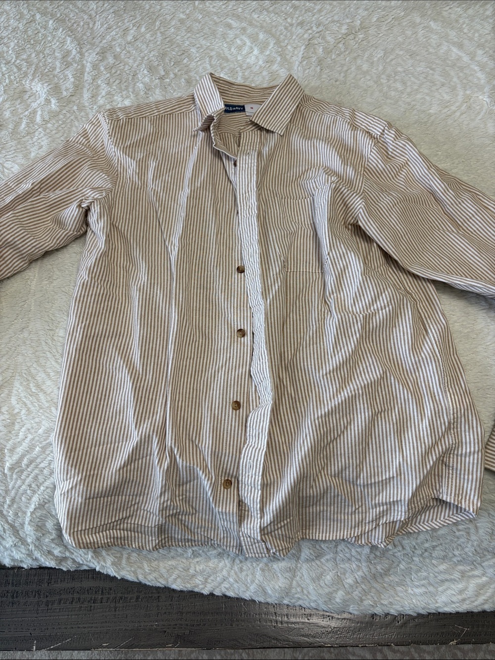 Old Navy Men's Tan and White Striped Dress Shirt